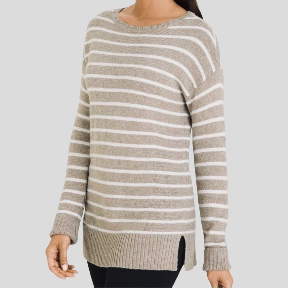 Chico’s 3 Womens Cotton Blend Striped Sweater Size XL Rib Detail Tan Cream